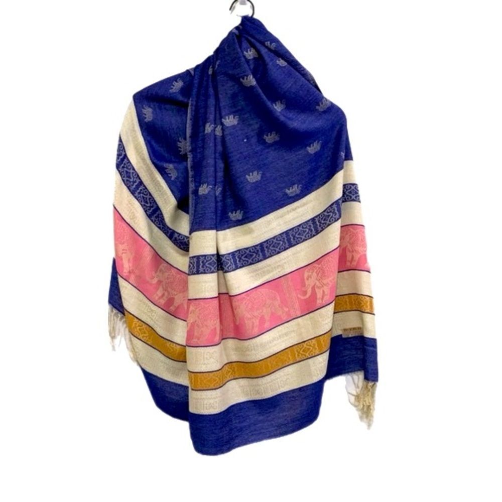 PASHMINA Style 100% Cashmere Blue Pink Striped Wrap Scarf